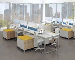 Modern allsteel benching stations with dividers for office workspaces.