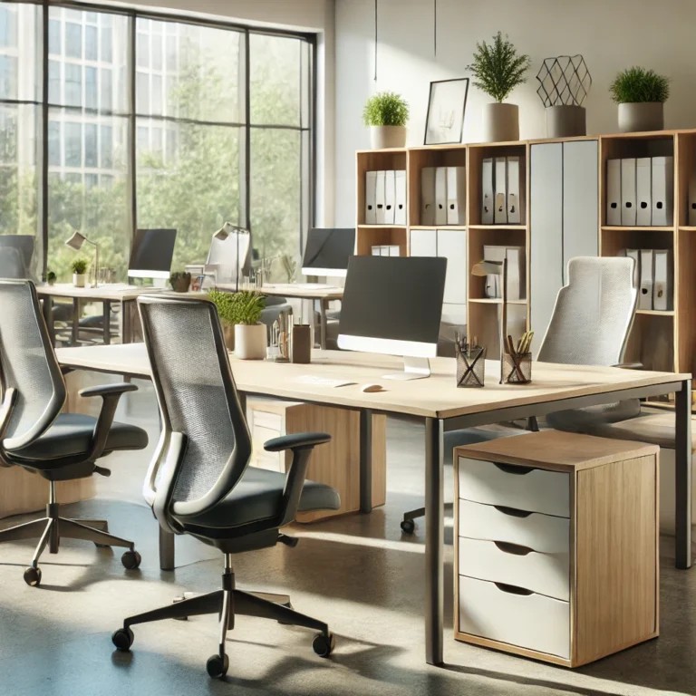 DALL·E 2025 01 20 12.53.31 A modern workspace showing high quality preowned office furniture including ergonomic chairs desks with clean finishes and organized cabinets. The
