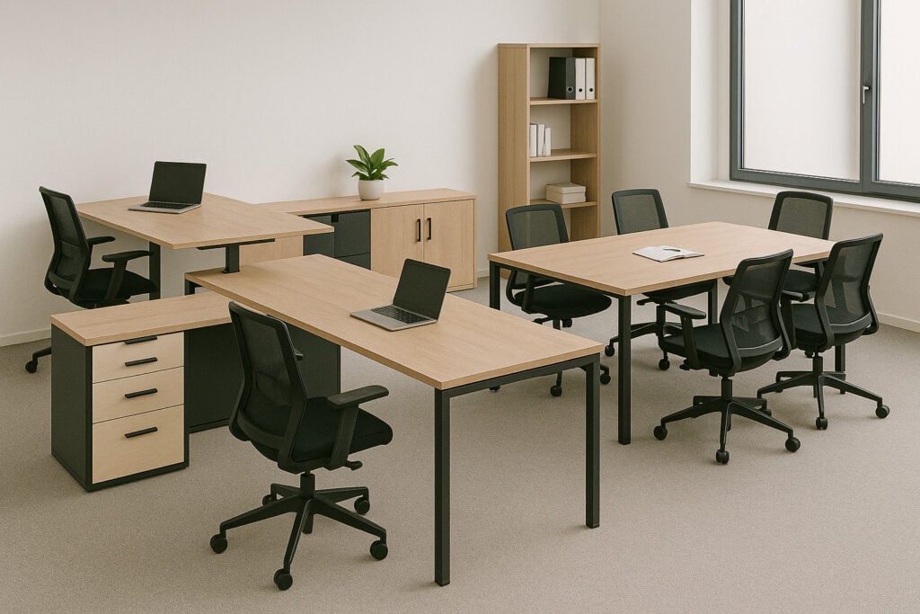 Contemporary office with ergonomic desks and chairs by Cube World USA.