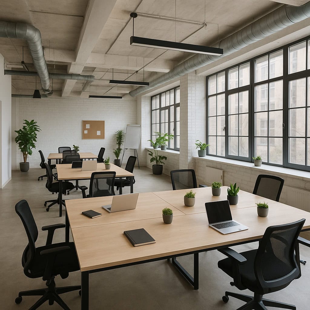 Bright open office with large windows, desks, laptops, and potted plants for a productive workspace.