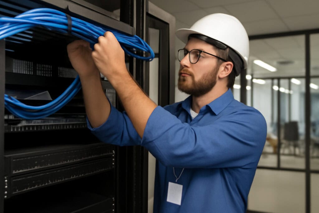 Technician installing network cables in a server room for optimal office connectivity.