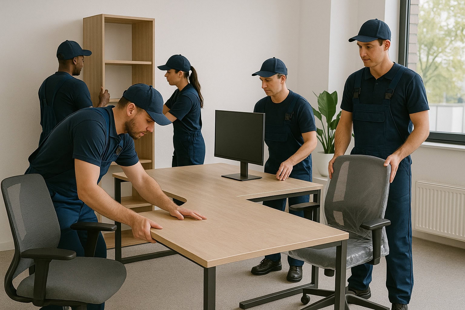 Team assembling ergonomic office furniture in a bright, modern workspace.