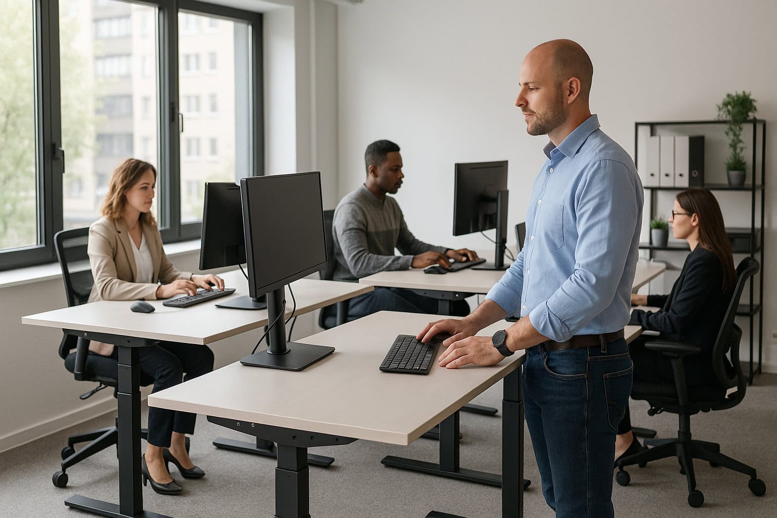 Adjustable office furniture supporting workplace wellness and employee comfort. Perfect for modern w.