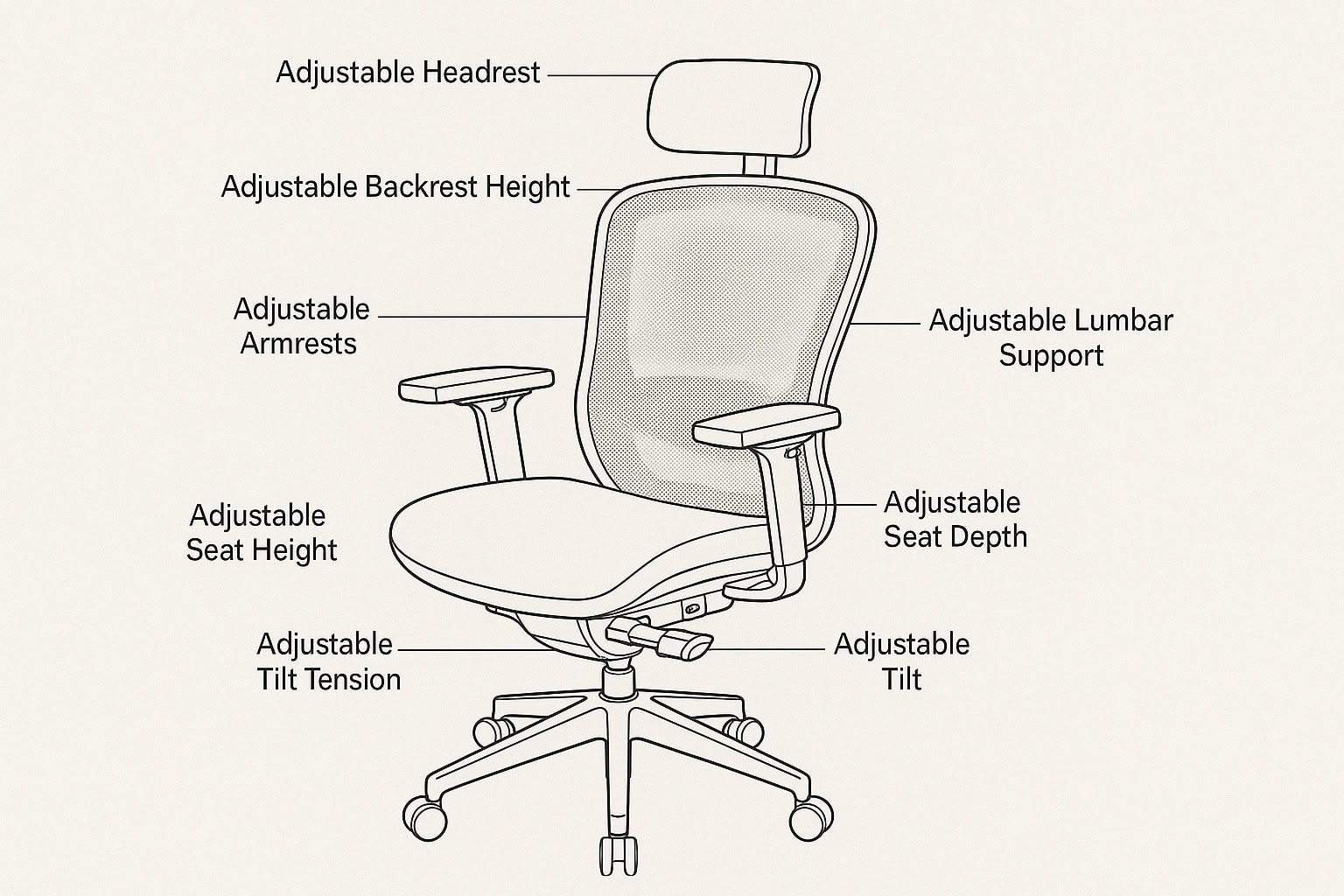 Adjustable ergonomic office chair highlighting customizable headrest, lumbar support, armrests, and.