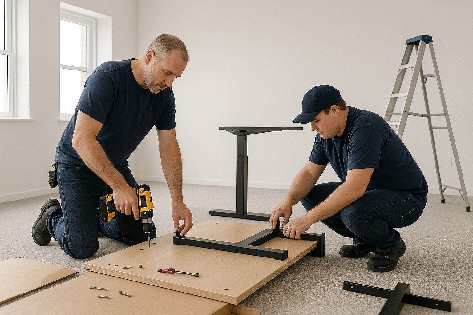 Assembly of furniture with power drill and tools by two men in a bright room.