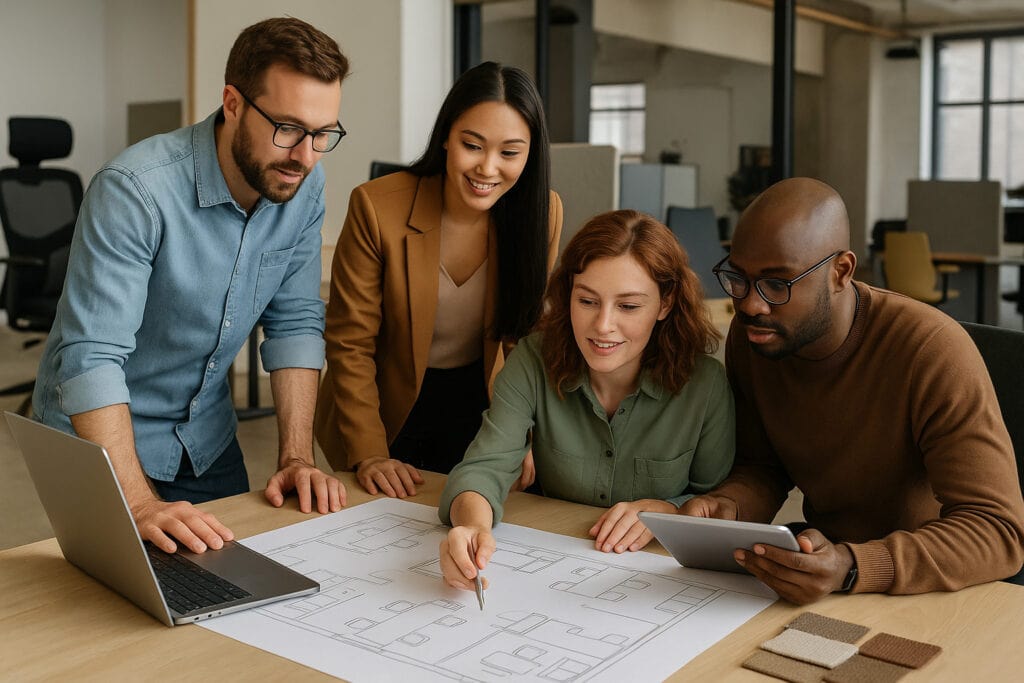 Diverse team collaborating on furniture design plans in a modern office.