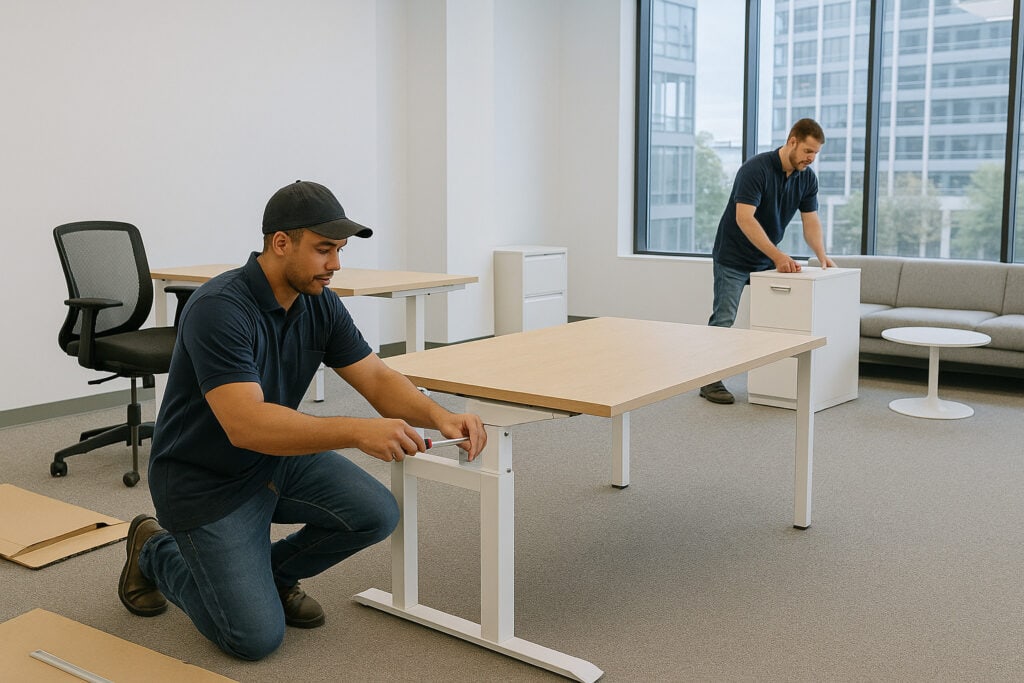 Two workers assembling office desks in a bright, modern workspace.