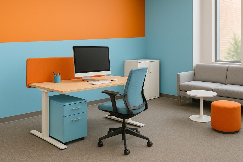 Contemporary office with desk, chair, and lounge area for professional work environments.