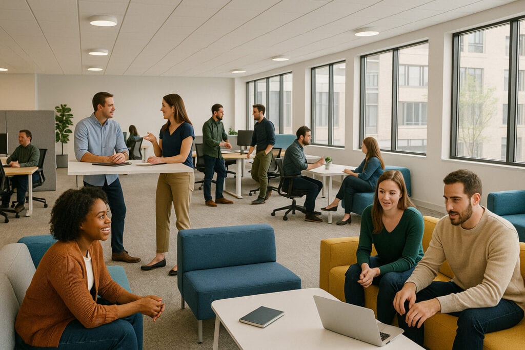 Bright, open office with diverse team collaborating and working together.