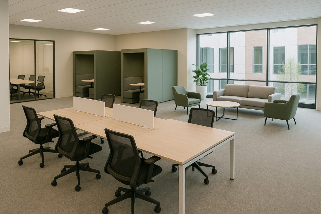 Office space designed to foster teamwork and innovation with flexible seating options.