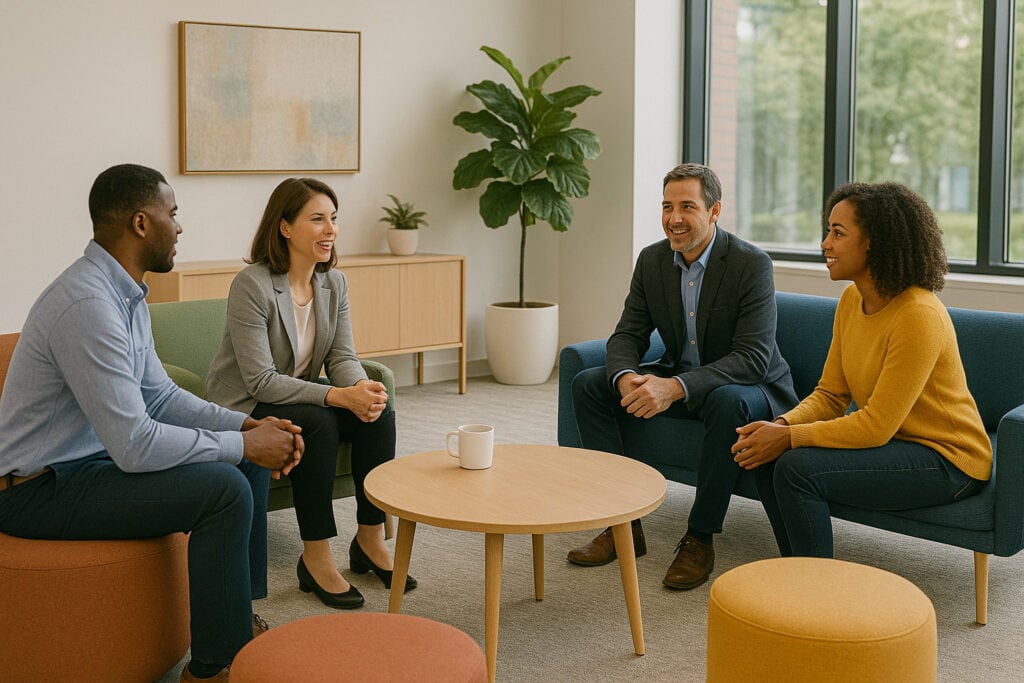 Diverse team engaging in a collaborative office meeting in a modern workspace.