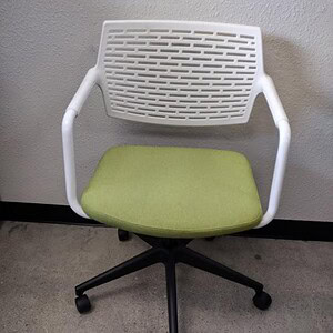 Modern white metal back office chair with green cushioned seat, ergonomic design, ideal for workspac.