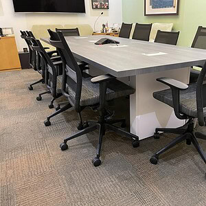 Phantom Grey and White conference table with 10 ergonomic office chairs, ideal for meetings and coll.