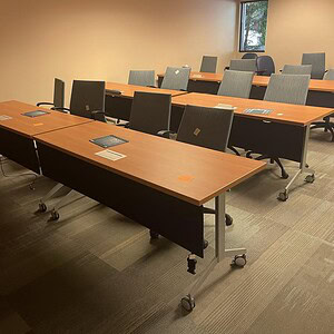Mobile training tables for flexible classroom setups.