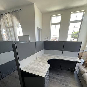 Driftwood Herman Miller Ethospace cubicle with modern design, ideal for office workspaces and collab.