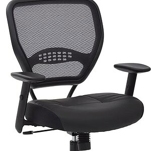 Office Star black ergonomic task chair with mesh back and leather seat for office comfort.