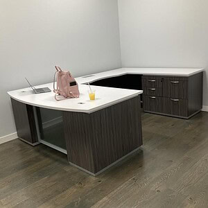 Shape office desk with multi-file ped, modern design, ideal for professional workspaces.