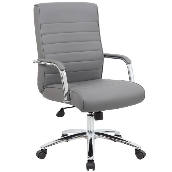 Grey modern executive office chair with chrome base and armrests.