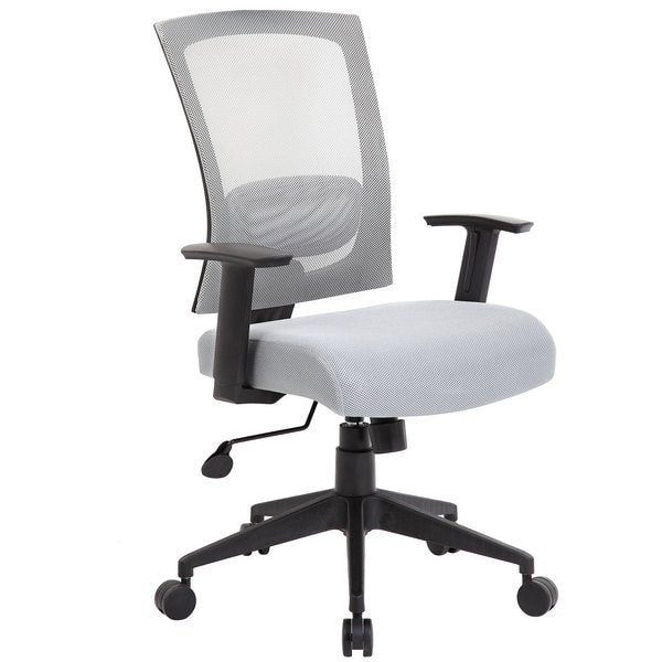 Ergonomic white and grey mesh office chair with adjustable armrests and wheels.