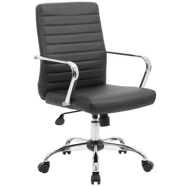 Conference chair with chrome armrests and black leather upholstery.