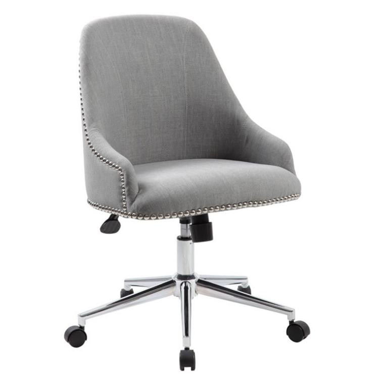 Gray linen conference chair with adjustable height and rolling casters.