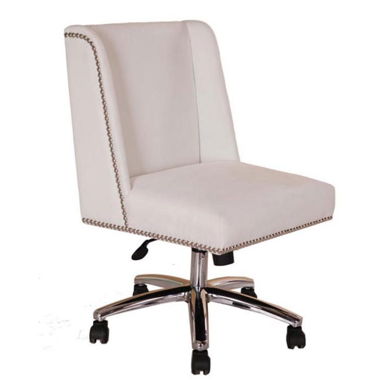 White fabric conference chair with nailhead trim and adjustable height.