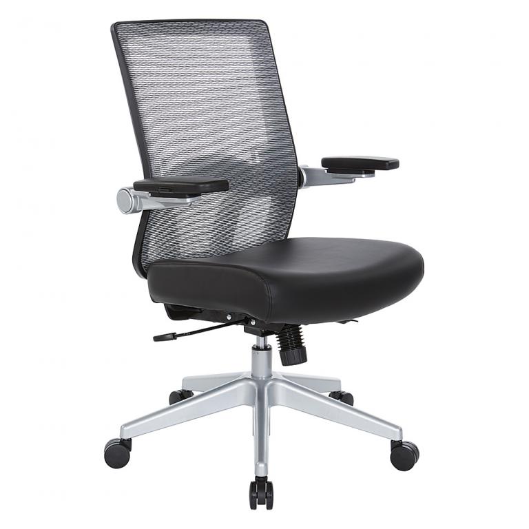 Office star mesh and leather ergonomic office chair with chrome accents for comfort and style.