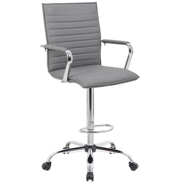 Drafting stool with grey upholstered seat and backrest, chrome armrests, and adjustable height. Perf.