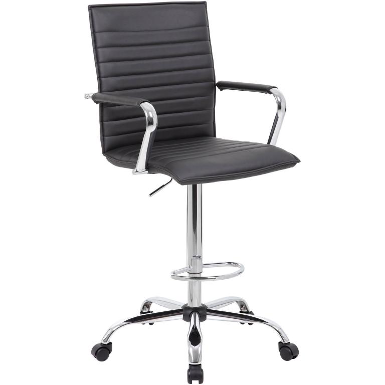 Black vinyl drafting stool with adjustable height and chrome base for office use.