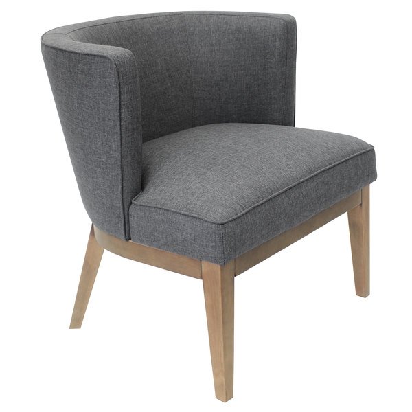 Accent chair in slate grey fabric with wooden legs, stylish and comfortable for modern living spaces.