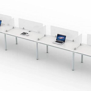 Modular workstations with privacy panels, ideal for office or collaborative spaces.