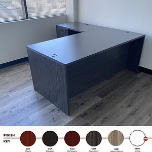 Slate grey L-shaped 6x6 desk with BBF, modern office furniture.