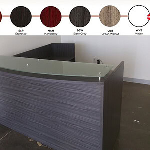 Reception desk with glass top and modern wood finish for professional office environments.