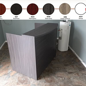 Custom reception desk with sleek, modern design in dark and light wood finishes. Perfect for contemp.