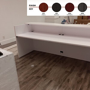 Reception station with sleek 8' modern design, no glass, in white finish for contemporary office or.