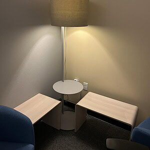 Steelcase modern desk lamp with metal post perch for workspace illumination.