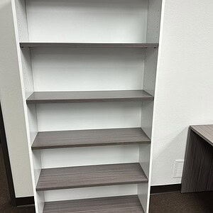 Elegant driftwood and white 5-shelf bookcase for stylish storage solutions. Perfect for home or offi.