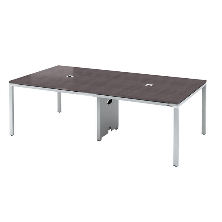 Modern driftwood conference table with steel legs, ideal for office meeting rooms.