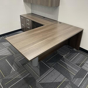 Steelcase Espresso executive desk with storage and wall-mounted hutch for office use.