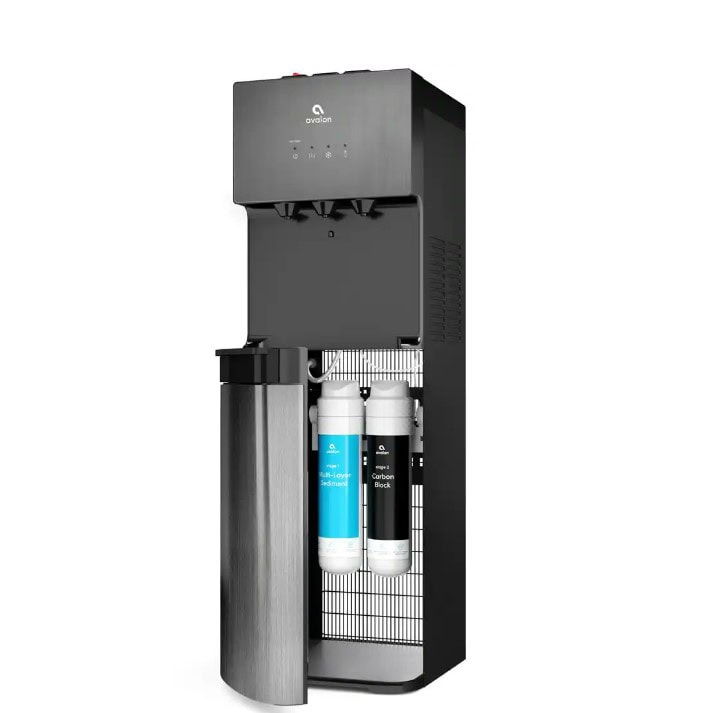 Water cooler with bottom loading design for easy bottle replacement.