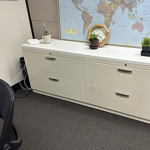White credenza with modern design, ideal for office storage and organization.
