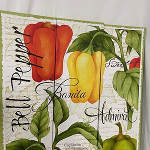 Vibrant bell pepper painting featuring red, yellow, and green peppers with botanical details.