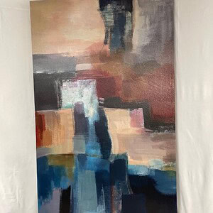 Abstract landscape artwork with vibrant blue, red, and neutral tones.