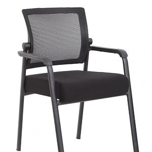 Modern black mesh guest chair with armrests and sturdy frame.