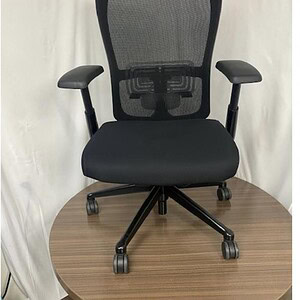 Ergonomic Haworth Zody chair in black with adjustable arms, lumbar support, and breathable mesh back.