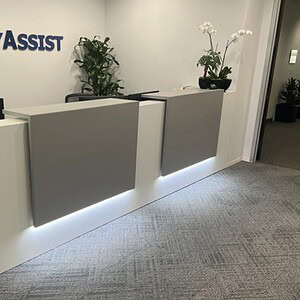 LED White 14x4 reception desk modern for professional office environments.