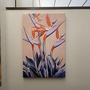 Birds of Paradise floral canvas art for home decor, vibrant tropical flowers in orange and blue hues.
