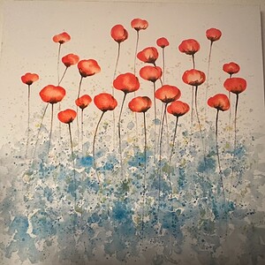 Vibrant abstract flower canvas print featuring red blooms on a textured blue background, perfect for.