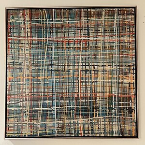 Abstract geometric art with vibrant colors and dynamic lines, ideal for enhancing commercial interio.