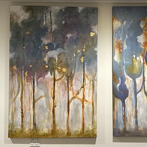 Gold Ocean Leaves Abstract wall art with ocean-inspired leaf motifs in rich gold and blue tones. Per.